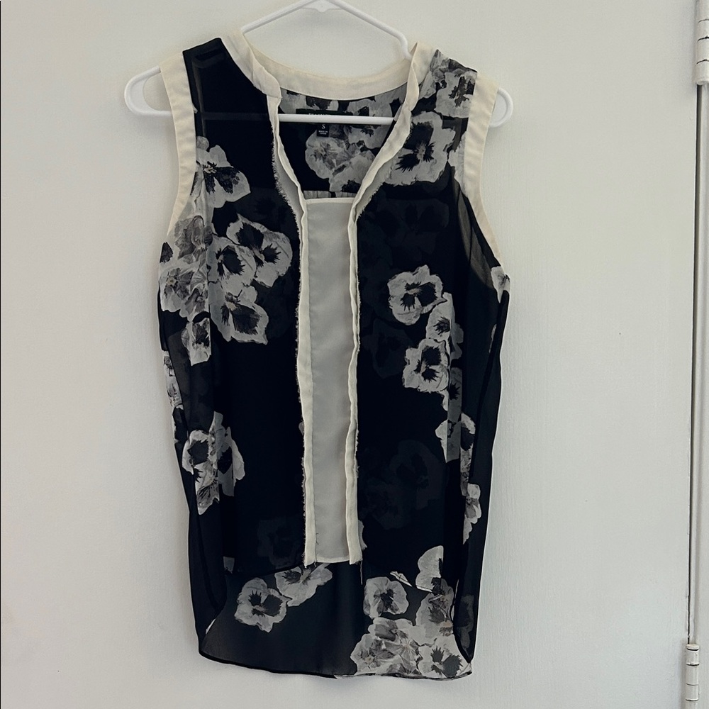 Ellen Tracy Black and White Floral Sheer Blouse